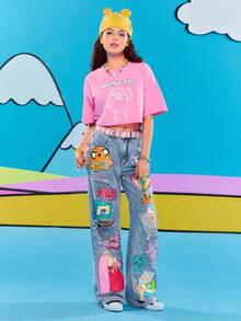 Adventure Time X ROMWE 卡通图案破洞宽松喇叭牛仔裤 - 藍色 - 查看 8