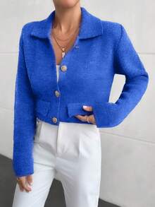 EURMUSE 1pc Solid Color Front Button Closure Elegant Knitted Long Sleeve Cardigan - Royal Blue - View 3