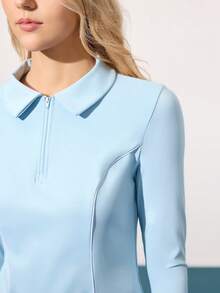 CourtClass Women's Minimalist Solid Color Zip-Up Long Sleeve Sports Polo Shirt, Autumn Polos For Women Upf Shirt Women Long Sleeve Polo Shirt Golf Tops For Women Blue Polo Shirt Women Tennis Tops Women Golf Tops For Woman Uv Protection Shirt - Baby Blue - View 4