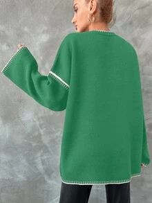 EURMUSE Jersey De Cuello Redondo Con Hombros Caídos Y Ribete De Contraste - Verde - Ver 2