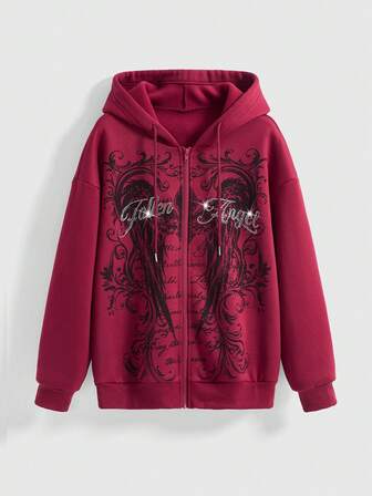 Fairycore Women's Retro Wing & Thorn Print Letter Rhinestone Embellished All-Match Pullover Sweatshirt