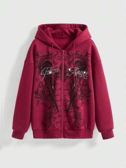 Fairycore Felpa donna retrò con stampa di ali e spine, decorata con strass e lettere, adatta a ogni occasione