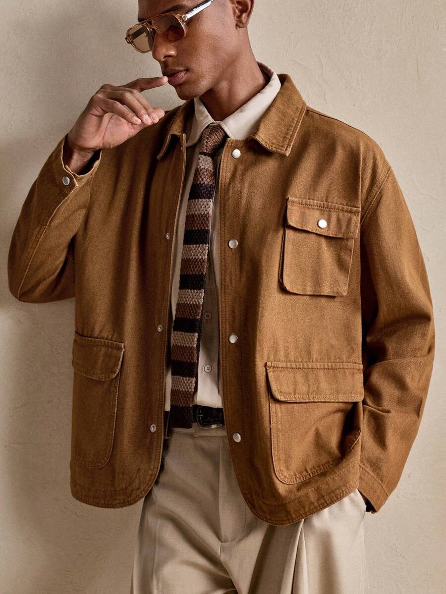 AKNOTIC Chaqueta vaquera casual de uso diario para hombre con bolsillos con solapa y cierre de botones, para otoño - Caqui - Ver 1