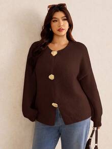 Elaquor Áo khoác len cardigan dệt kim màu trơn tối giản cỡ lớn, mùa thu/đông - Rỉ Nâu - Xem 5