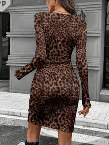 SHEIN LUNE Váy ngắn tay dài họa tiết da báo ôm sát eo, thanh lịch, dáng ôm, dành cho nữ, mùa thu/đông - Nhiều màu - Xem 2