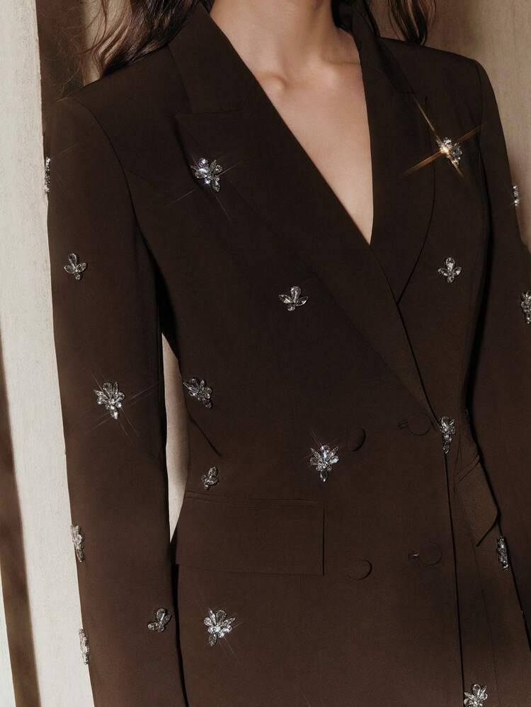 Women's Fashion Minimalist Luxurious Modern High-End Embellished Cinched Waist Rhinestone Decorated Women's Blazer Jacket, Suitable For Evening Dress, Festival, Going Out, Elegant, Formal, Party, Fashion, Formal Wear, Work, Graduation