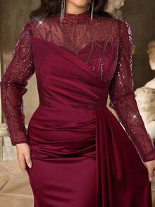 Aureia Plus Size Burgundy Spring Elegant Formal Party Dress, High Collar Pearl Patchwork Satin Long Sleeve Sheer Waist Pleated Mermaid Hem Formal - Burgundy - View 4