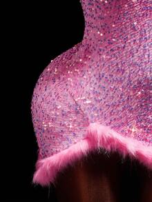 Amplova 女式串珠刺绣迷你吊带连衣裙，粉色，适合派对，超高开衩裙，可爱性感，秋冬保暖 - 彩色 - 查看 9