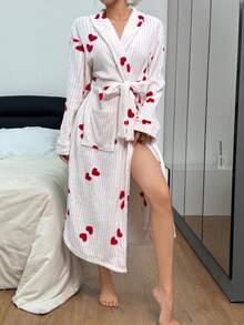 SHEIN 舒适条纹爱心长袖腰带女士睡袍，秋冬季，蓬松柔软 - 彩色 - 查看 5