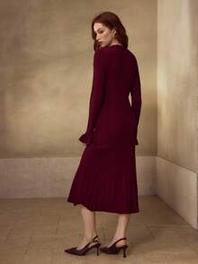 MOTF PREMIUM ELEGANT SINGLE-BREASTED FITTED KNIT DRESS, SLIMMING & FLATTERING - Burgundy - View 3