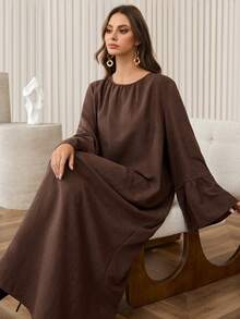 Al Najma Women's Casual Elegant Loose High-End Luxurious Beaded Rhinestone Sequin Ruffle Cuff Brown Versatile Fashion Arabic Dress - Brown - View 6