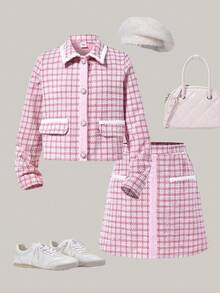 PrepCrw 2pcs Tween Girls Elegant School Style Casual Urban White Trim Pearl Button Pink Plaid Jacket And Skirt Set, Suitable For Home, Daily Wear, Christmas, Festivals, Autumn/Winter  Skirt And Jacket Set Tweed Set Pink Tweed Outfit Tweed Skirt Set Preppy Two Piece Set,Fall Girls Tweed Outfit Pink Tweed Set Gingham Set Girld Outfit Set Aesthetic Preppy Clothes For Girls 12,Holiday , Christmas