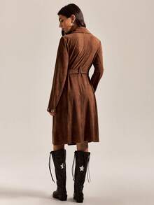 Easelle Vintage Women's Brown Suede Eyelet Design Waist Belt Trench Coat, Autumn Women's Winter Jacket Metal Chicken Eye Decoration Design