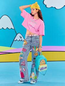 Adventure Time X ROMWE 卡通图案破洞宽松喇叭牛仔裤 - 藍色 - 查看 10