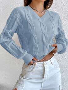 Cloudara Solid Cable Knit V Neck Sweater - Dusty Blue - View 5