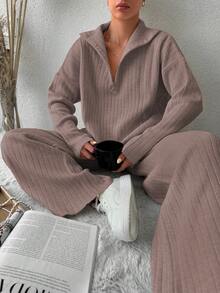 EURMUSE Drop Shoulder Zipper Half Open Knitted Cardigan And Knitted Pants Two-Piece Set - Dusty Pink - View 6