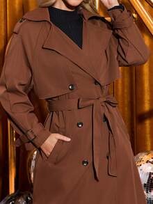 Amorya 女士时尚百搭插肩袖双排扣系带风衣，秋冬 - 棕色 - 查看 4