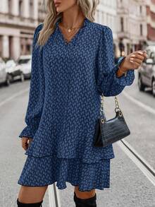 SHEIN LUNE Allover Print Ruffle Hem Cutout Neck Casual Long Sleeve Dress - Royal Blue - View 5