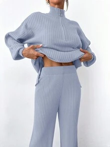 EURMUSE Women's Solid Color Zip-Up Half Placket Drop Shoulder Long Sleeve Long Sweater And Flared Pants Casual 2-Piece Set, Autumn/Winter - Baby Blue - View 5