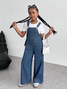 SHEIN 青少年女孩时尚 Y2k 柔软可爱蝴蝶结宽松海军蓝牛仔裤工装裤，适合青少年女孩服装、女孩服装日常服装、四季服装、女孩街头服装和返校服装 - 中等水洗藍 - 查看 6