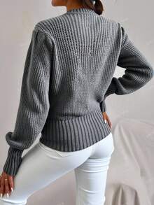 SHEIN Cottnline Round Neck Long Sleeved Cable Knitted Sweater - Dark Grey - View 2