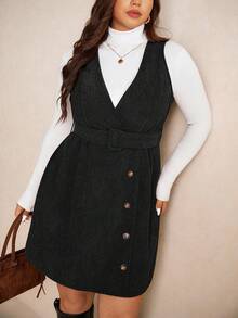 Elaquor Autumn Casual College Style Corduroy Fabric Removable Waistband Pockets Vintage Dress Plus Size Women Overall Brown Fall Dress,Winter Clothes