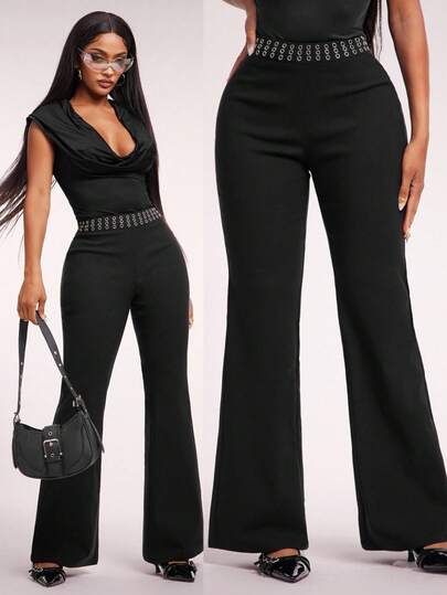 Radiana Women's Black Casual Minimalist Fashion Slim Fit Flare Pants, Stretch Twill Trousers, Versatile For Autumn/Winter Black Flare Pants Black Grommet Pants Y2k Metal Punk Pants Bell Bottom Pants