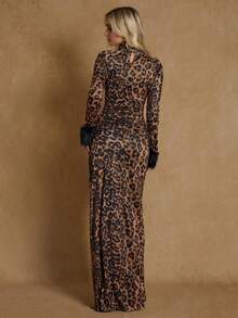 SHEIN Glamour Sexy Leopard Print Hollow Fluffy Decor Women's Long Sleeve Maxi Dress, Autumn - Brown - View 2
