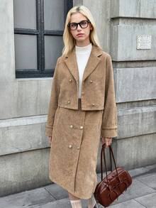 MODELY Ensemble 2 pièces pour adolescentes : Veste coupe-vent en velours côtelé + Jupe mi-longue asymétrique, Design croisé, Style rétro , Convient pour un usage casual, les trajets et les vacances en automne/hiver - Kaki - Voir 1