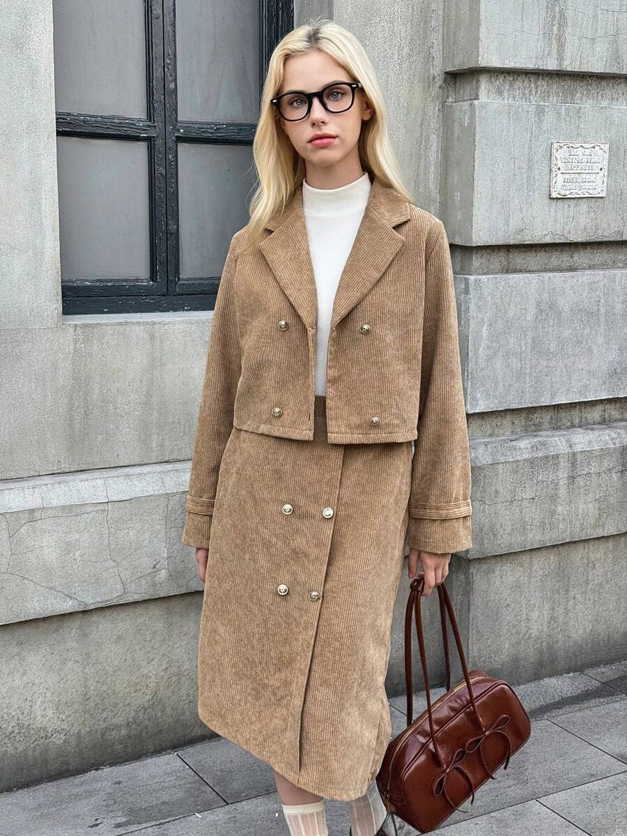 MODELY Ensemble 2 pièces pour adolescentes : Veste coupe-vent en velours côtelé + Jupe mi-longue asymétrique, Design croisé, Style rétro , Convient pour un usage casual, les trajets et les vacances en automne/hiver - Kaki - Voir 1