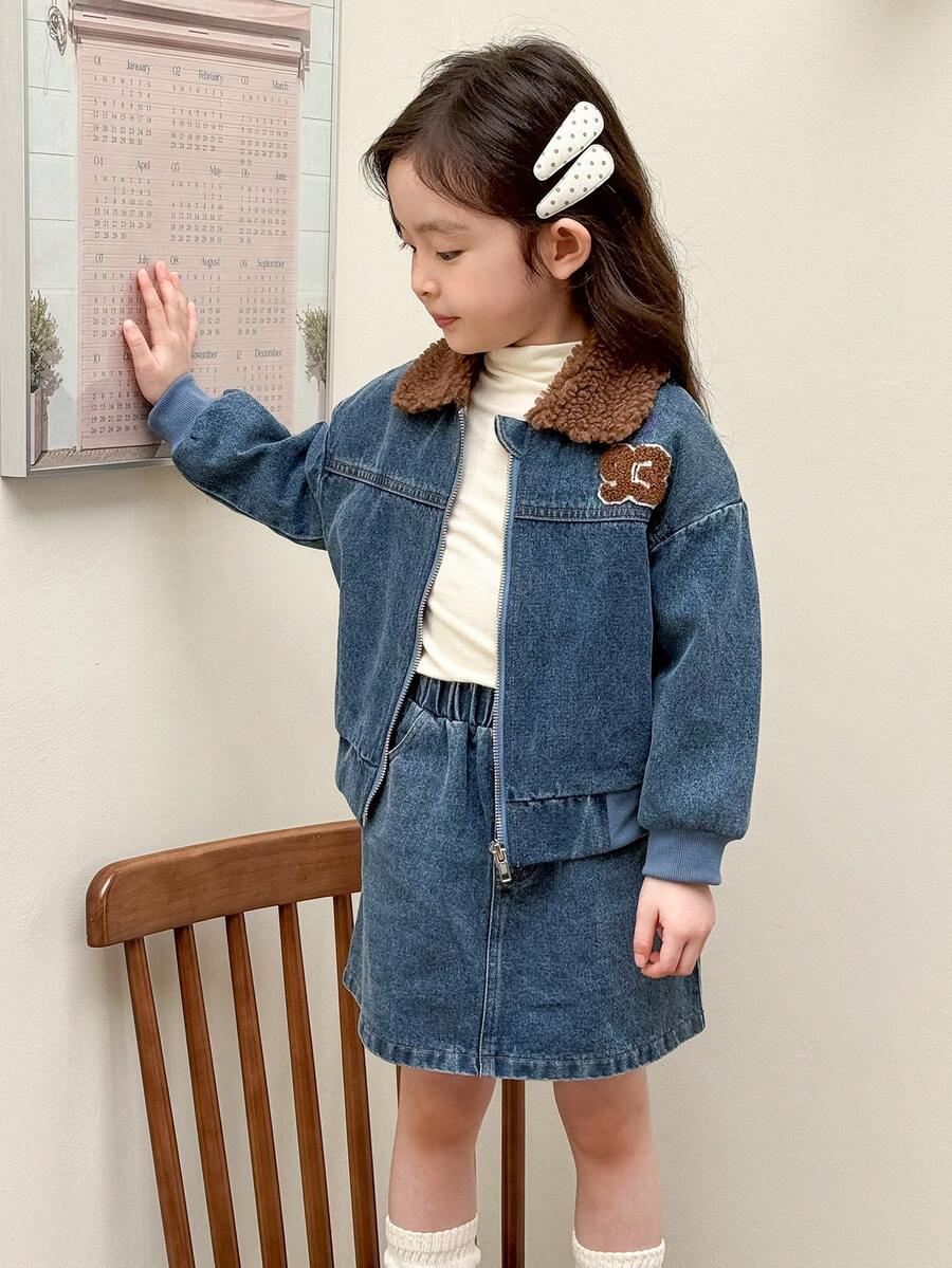2件套女童字母刺绣抓绒牛仔外套和裙子套装,冬季服装 - 深色水洗藍 - 查看 1