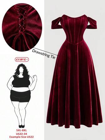 SHEIN CURVE+ 大码女式复古浪漫红色仿骨设计露肩连衣裙