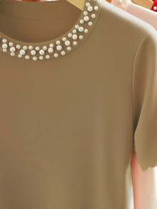 Airaco Casual Versatile Solid Color Studded Decorative Short Sleeve T-Shirt - Khaki - View 2