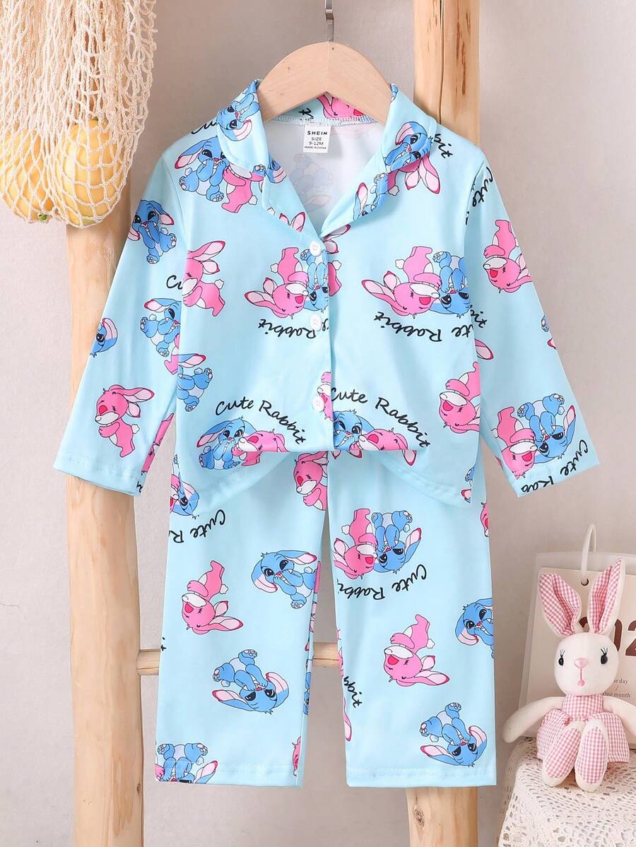 2pcs Baby Girls' Cute Cartoon Animal Print Long Sleeve Cardigan Top And Pants Comfortable Pajama Set - Green - View 1