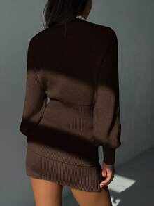 Aloruh Women's New Autumn-Winter Versatile Daily Wear Dropped Shoulder Cinched Waist Knit Cardigan V-Neck Long Drop Shoulder Slim Fit Mini Skirt 2 Pieces Set, Retro Style Knit Suit - Coffee Brown - View 2