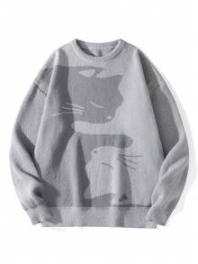 Chillumni 男士卡通猫图案圆领长袖休闲毛衣，秋冬 - 灰色 - 查看 1