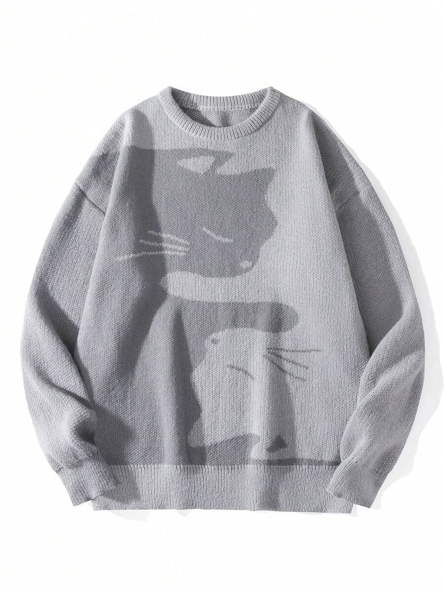 Chillumni 男士卡通猫图案圆领长袖休闲毛衣，秋冬 - 灰色 - 查看 1