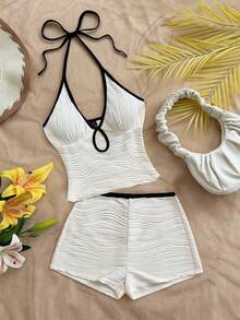 Soleia Women's Sexy Contrast Color Trim Backless Halter Top And Shorts 2 Pieces Set, Summer