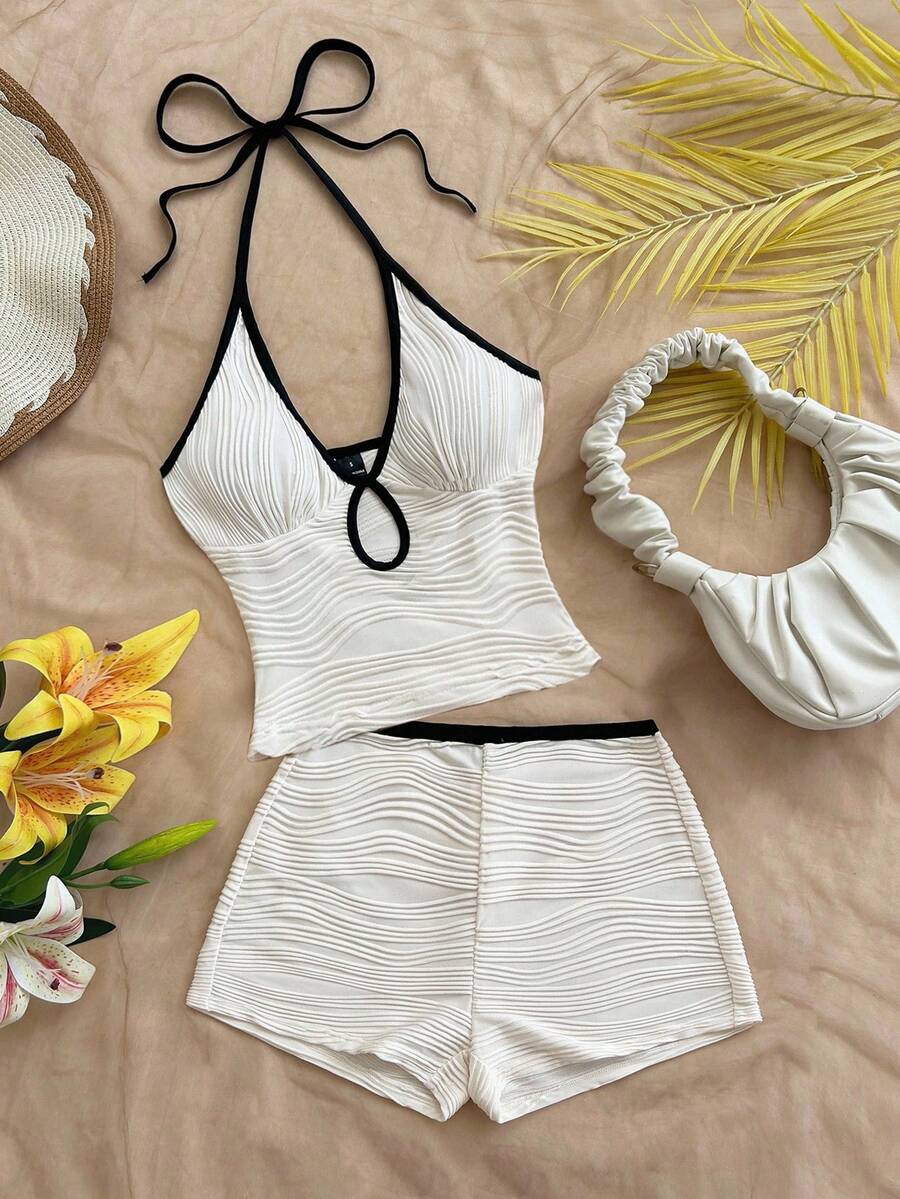 Soleia Women's Sexy Contrast Color Trim Backless Halter Top And Shorts 2 Pieces Set, Summer