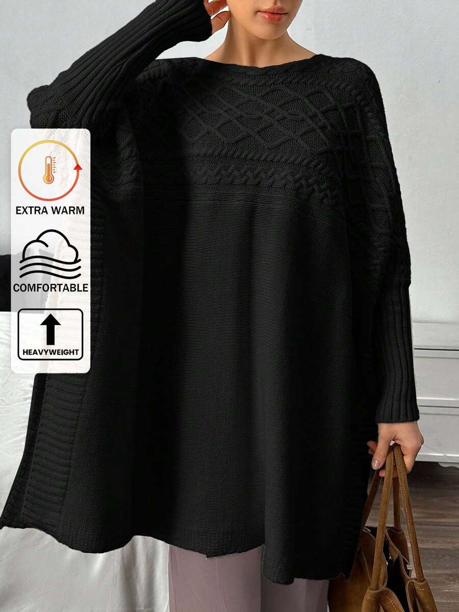 EURMUSE Women Drop Shoulder Cable Rib Knit Sweater Pullover - Black - View 1