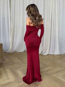 Jemour Off Shoulder Long Sleeve Maxi Dress Vacation Summer Spring Romantic Wedding Guest Holiday Beach Ibiza Fall Night Out Going Out, Church, Date Night - Burgundy - View 2