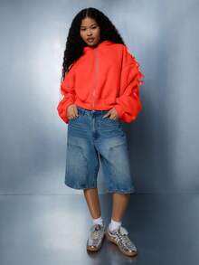 SUMWON WOMEN 短款连帽衫，袖子蝴蝶结细节，系带设计，文字刺绣，秋冬街头服饰 - 紅色 - 查看 6