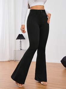 SHEIN Tall 女式纯色高腰喇叭腿优雅时尚牛仔裤 - 黑色 - 查看 4