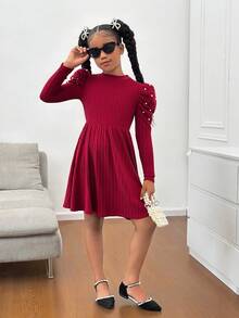 SHEIN Tween Girls Pearl Knit Ribbed Waist Dress With Puff Sleeves, Cute & Elegant Holiday Dress - Burgundy - View 3