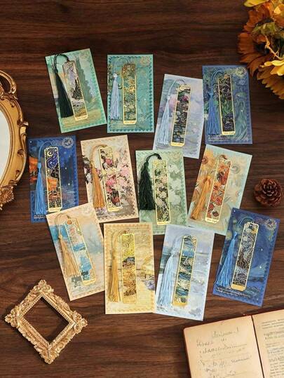 12件套复古油画金属书签套装，镂空长流苏书签，学生阅读工具，创意礼物，书虫朋友办公学校文具用品