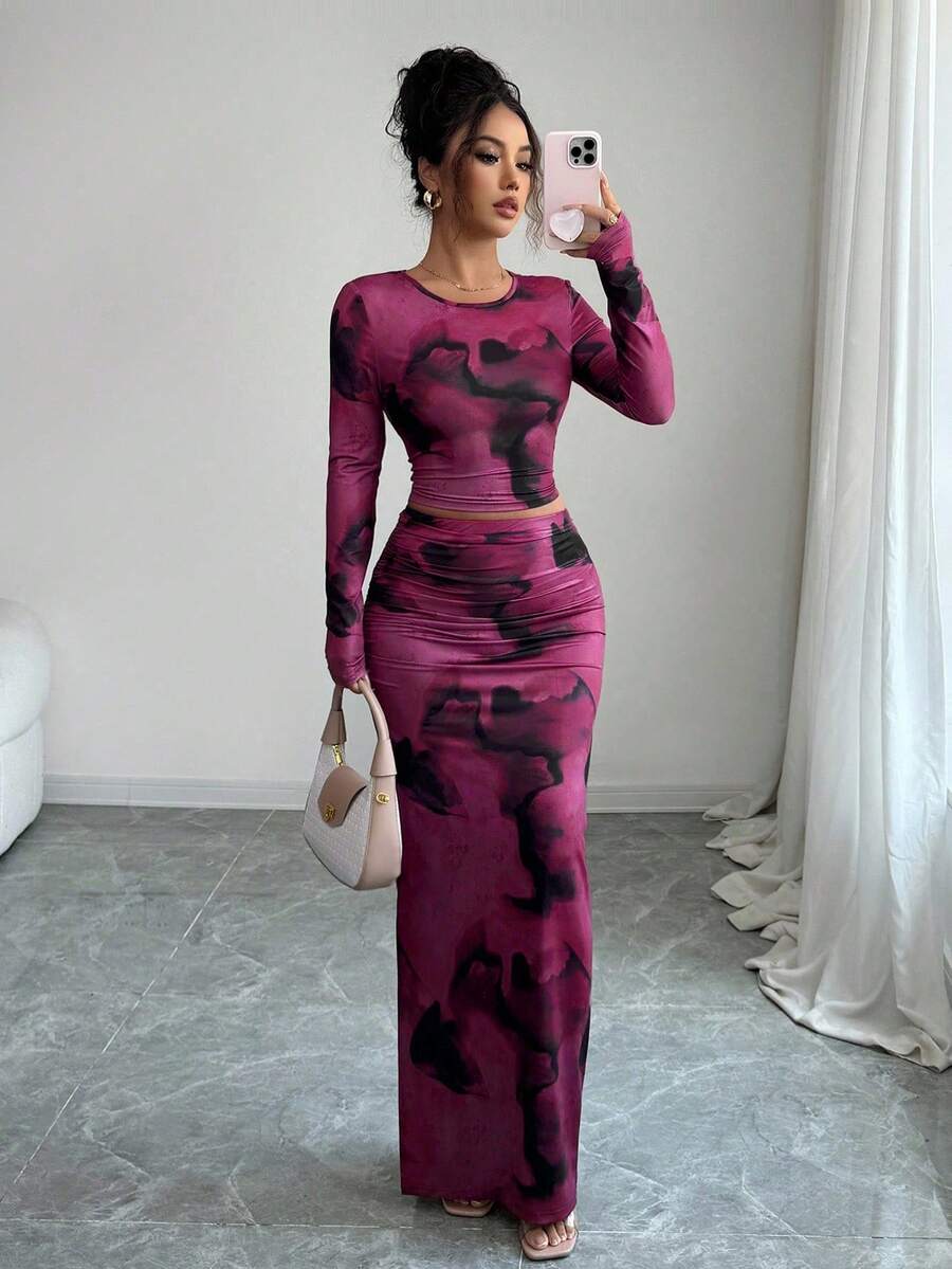 Elenzga 2件套女士时尚圆领优雅紧身不对称扎染图案长袖T恤，紧身扎染图案长裙套装 - 彩色 - 查看 1