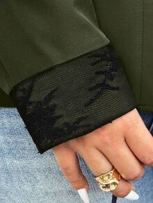 Calvaya Plus Size Elegant Contrast Lace Collared Long Sleeve Shirt, Autumn - Army Green - View 7