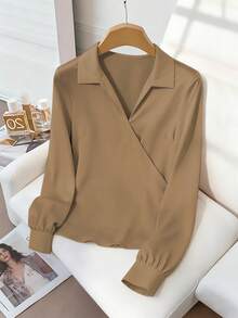 Franclia 2pcs Women Elegant Shiny Fabric Top And Pleated Midi Skirt Set, Suitable For Layering Or Standalone, Autumn/Winter - Multicolor - View 8