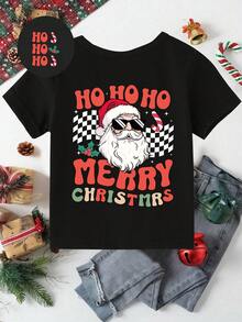Chúc mừng Giáng sinh! Áo thun in hình chủ đề Giáng sinh phong cách thường ngày và thời trang dành cho bé trai - Ông già Noel, kẹo gậy, họa tiết kẻ caro, in khẩu hiệu, kiểu dáng thoải mái, phù hợp cho các bữa tiệc và hoạt động Giáng sinh. - màu đen - Xem 3