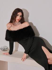 Đầm trễ vai tay dài xẻ tà màu trơn thời trang cho nữ - màu đen - Xem 7